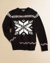 An essential snowflake crewneck sweater is rendered with an intarsia-knit motif for seasonal style.CrewneckLong sleevesPullover styleRibbed collar, cuffs and hemCottonMachine washImported