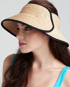 A natural raffia wrap around visor with an easy velcro® closure and washable cotton inner band.