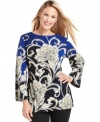 JM Collection's printed tunic features an allover scrolling print that adds panache to any ensemble!