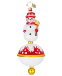 Cute as a button, this Littlest Snowman ornament is totally whimsical and styled for the season with rosy cheeks, polka dot scarf and red hat. Embellished with frosty sparkles for a touch of magic. From Christopher Radko.