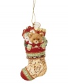 Get one step ahead with the Bountiful Holiday stocking ornament from Fitz and Floyd. Rich with detail, from the quilted texture in its toe to the classic teddy bear inside, it will remind you always of a beautiful 2012 season.