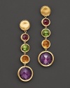 18K yellow gold brightly frames drops of boldly-hued precious gemstones.