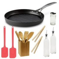 Calphalon Unison Nonstick 12in round grill pan + Tool Set 5 Piece Bamboo Finish + 10.5in Silicone Spatula Cherry + Bamboo Toast Tong - 6.5 Inch Long + Tall Oil and Vinegar Bottle Glass Finish + Spice Bottle Glass Finish