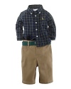 An ultra-preppy set includes a tartan plaid woven cotton shirt, a twill pant and a matching grosgrain-ribbon belt.