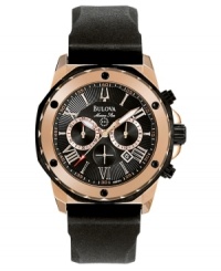 Classic style meets modern functionality in this great watch by Bulova. Black rubber strap and round stainless steel case. Rose-goldtone bezel. Chronograph black textured dial with roman numerals, date window, logo and three subdials. Quartz movement. Water resistant to 100 meters. Three-year warranty.