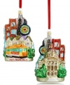 Spend Christmas by the bay with Kurt Adler's San Francisco Cityscape ornament, featuring the Golden Gate Bridge, Painted Ladies and more must-see places in sparkling glass. Shown front and back.