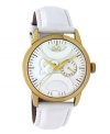 Spell it out. Your love for D&G is right on time with this chic watch. White leather strap and round gold ion-plated stainless steel case. White dial features gold tone stick indices, minute track, date subdial at three o'clock, three gold tone hands and large applied logo at length of center. Quartz movement. Water resistant to 30 meters. Limited lifetime warranty.