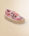 This bright plaid design has a lace-up look but slips on with ease, plus rustic espadrille-look trim.Cotton canvas upperFaux lace-up front with elastic lacesLeather liningLeather sole with jute trimImported