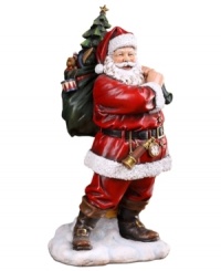 Rose-cheeked and with a joyful smile upon his face, Santa creates a festive holiday mood with his bag of toys slung over his shoulder in preparation for a long night of delivering gifts.