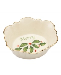 Small details, big impact. Making it merry, this tiny porcelain dish is trimmed with gold and a holly motif to match the beloved Lenox Holiday dinnerware and dishes collection.