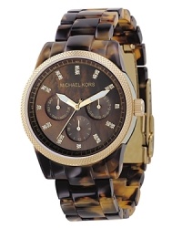 MICHAEL Michael Kors tortoise-inspired acrylic chronograph watch with bracelet strap and crystal accents. Round dial features crystal markers, three subdials and multi-function movement. Acrylic case and bracelet. Water-resistant to 100 meter.