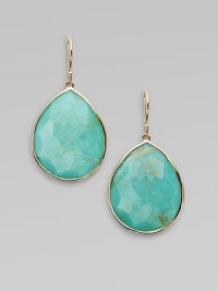 Double layer teardrops combine softly hued turquoise with rutilated quartz, creating a distinctive depth and unique surface, in a setting of polished gold.TurquoiseRutilated quartz18k yellow goldLength, about 1½Ear wireImported