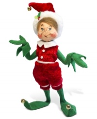 He'll be there with bells on. Sporting long elfin shoes and a velvety red jumpsuit, this charming figurine brings Christmas cheer wherever he goes. With the soft, flexible features and unmistakable style of Annalee dolls.