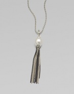 From the Midnight Pearl Collection. An elegant design featuring a lustrous white pearl with diamond accents and a two-tone, sterling silver box chain tassel. About 15-16MM white South Sea pearlDiamonds, .32 tcwSterling silver and blackened sterling silverLength, about 32Lobster clasp closureImported 