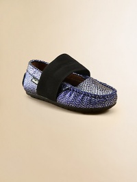 Metallic flecks lend a celestial touch to these cozy moccasins in plush leather with a thick elastic strap for a perfect fit.Slip-on with elastic closureLeather upperLeather liningRubber solePadded insoleImported