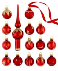 Stick to a theme of true elegance with burgundy-red Christmas ornaments from Kurt Adler. Glass with a matte or shiny finish is striped and spotted with gold glitter for a tree that's entirely timeless.