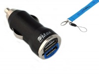 GTMax Metalic Black 2-Port USB Car Charger Adapter 2A + Wrist Strap Lanyard