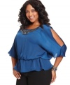 Dance the night away in Elementz' cold-shoulder plus size top, featuring an embellished neckline and peplum waist.