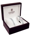 Ladylike details adorn this modern timepiece and matching fashion bracelet, by Citizen.