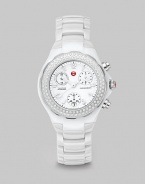 Classic chronograph design features a textured enamel dial framed in one hundred brilliant diamonds. Swiss quartz movementWater resistant to 5 ATMRound ceramic case, 35mm (1.4)Diamond bezel, .47 tcwWhite chronograph dialNumeric hour markersDate display at 6 o'clockSecond hand White ceramic link braceletImported