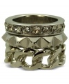 Get an edge. This fierce ring set from GUESS features a chainlink design, pyramid studs and shimmering crystal accents. Mix and match or stack 'em up! Set in silver tone imitation rhodium mixed metal. Size 7.