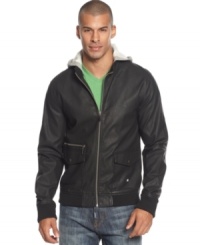 This sleek faux leather jacket by DC Shoes has an attached grey hood for a hip layered look.