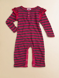 Stripes are sweet and ruffles are sweeter in this waffle-textured coverall to keep your little girl cozy.Henley necklineButton placketLong sleeves with ruffles at the shouldersSnap legsPolyester/cotton/micromodalMachine washImported Please note: Number of buttons may vary depending on size ordered. 