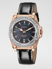 Dark and dramatic, this two-tone design combines stainless steel and rose goldplating, plus the dazzle of Swarovski crystals and the polish of a black patent leather strap.Quartz movementWater resistant to 10 ATMStainless steel round case with IP rose goldplating, 37.5mm diameter (1.48)Crystal bezelBlack mother-of-pearl dialArabic numerals and bar hour markersSecond handDate display at 6:00Black patent leather strapImported