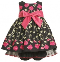 Bonnie Baby Baby-Girls Newborn Flower Print Dress With Satin Sash, Black, 6-9 Months