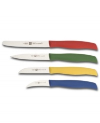 Designed with molded, slip-resistant plastic handles – so the ideal knife for any job is always easy to identify. Set includes a 4.5 serrated spreader, a 3 paring knife, a 4 utility knife and a 2.25 bird's beak paring knife. With Henckels-quality, high-carbon stainless-steel blades. Manufacturer's lifetime warranty.