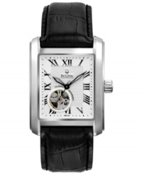 Powerful movement you can see: this automatic watch by Bulova boasts an open dial and rich leather.