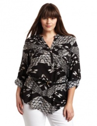 Calvin Klein Women's Plus-Size Printed Roll Sleeve Henley, Black/Eggshell Multi, 0X