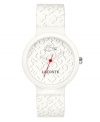 Funky and modern, this Goa watch showcases your love for Lacoste. White silicone strap with light gray repeating text logo and round white plastic case. White dial features light gray repeating text logo, hour and minute hand, red second hand and iconic crocodile logo at twelve o'clock. Quartz movement. Water resistant to 30 meters. Two-year limited warranty.