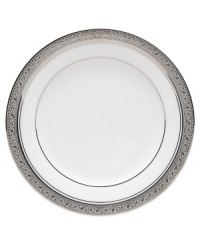 The unparalleled style of Noritake china has been gracefully setting tables for more than ninety years. The formal Crestwood Platinum dinnerware and dishes collection features crisp white china embellished with a shimmering border of interlocking scrolled leaves and an edge of polished platinum.