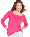 Sporting a boat neckline and classic raglan sleeves, this sweater from Planet Gold is a staple for any closet!