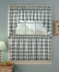 Get your country home in check with Rowan Plaid tiered swag valances. A classic pattern in soothing slate or gold tailors the room with effortless charm. Dyed yarns filter light to keep out the summer sun.