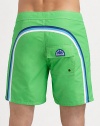 Comfortable, quick dry trunks have a lace-up waist and signature rainbow detail across the back and down the leg.Drawstring waistGrip-tape flyBack flap pocket with grip-tape closureInseam, about 7NylonMachine washImported