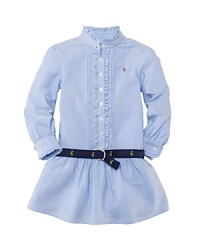 A classic oxford shirt is transformed into a precious dress with ruffled trim, pretty pintucks and gently puffed sleeves.