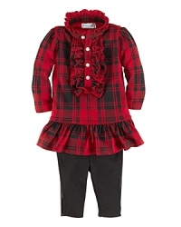 Traditional cotton plaid is sweetly adorned with a flurry of ruffles to coordinate perfectly with comfy stretch leggings.