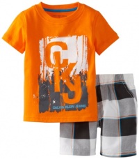 Calvin Klein Boys 2-7 Short Sleeve Tee With Plaided Short, Orange, 2T