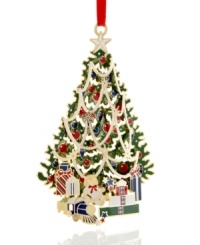 Just like the iconic Macy's tree, this beautiful gold-plated ornament inspires a merry Christmas from one year to the next. With a doll, train and gifts at its base and red, blue and gold trimming its boughs.