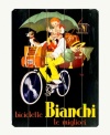 Put a humorous spin on casual decor. A must for vintage ad collectors and dedicated cyclists, this wooden sign for Biachi bicycles features a clownish rider with a pal, luggage and pets balanced precariously all over his bike.