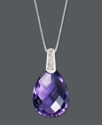 Brighten your look with the color of royalty. This beautiful pendant features pear-cut amethyst (4-9/10 ct. t.w.) with diamond accents at the bail. Set in 14k white gold. Approximate length: 18 inches. Approximate drop: 3/4 inch.