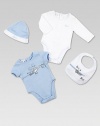 The perfect baby boy gift set with two bodysuits, hat and bib in ultra-soft cotton, adorned with Gucci logo print. Bodysuits CrewneckShort and long sleevesBack snapsBottom snaps Bib Adjustable snaps closureCottonMachine washMade in Italy Please note: Number of snaps may vary depending on size ordered. 