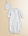 This soft cotton gown with a playful print, picot trim and matching hat can be converted to legs.CrewneckLong sleeves with mitten cuffsFront snapsBottom elasticOrganic pima cottonMachine washImported Please note: Number of snaps may vary depending on size ordered. 