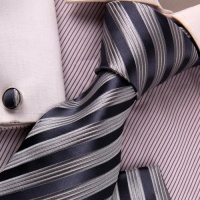 Grey Stripes Woven Silk Neckie Hanky Cufflinks Present Box Set thank you gifts Y&G Fashion Necktie Set H5190