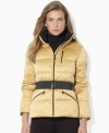 A modernized classic, Lauren Ralph Lauren's mockneck down coat is given a chic belt for a slimming and stylish look.