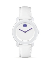 Medium Movado BOLD watch with white dial with purple accents.