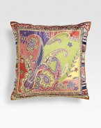 Kaleidoscopic swirls of paisley-style color on fine silk. Fringed edges18 squareSilk with polyfillDry cleanMade in Italy