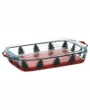 Present your holiday cooking in perfect seasonal style with this baking and serving set. The classic Pyrex baking dish is great for making any meal – from dinner to dessert – while the tree-lined wire and wicker basket acts as a cheery trivet for a spirited tabletop display. One-year warranty.